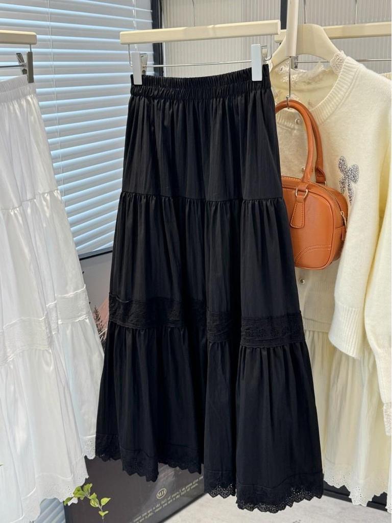 2026 Spring Korean Style Sweet Slimming A-Line Lace Patchwork Layered Cake Skirt