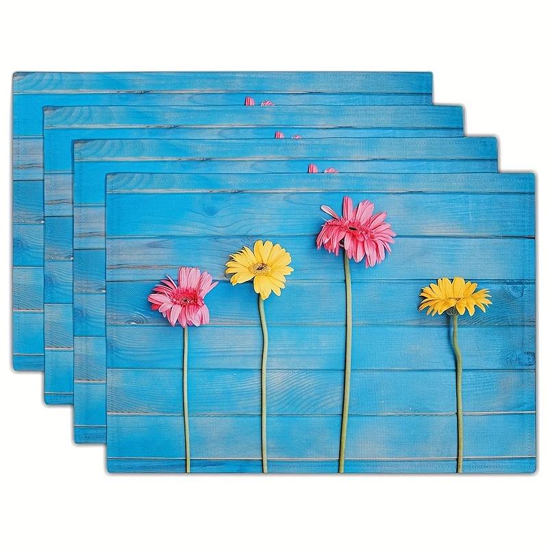 4pcs Placemats Summer Theme Floral Pattern Table Pad Set Colorful Printed Wooden Planks Table Mat for Indoor Dining Table Decor