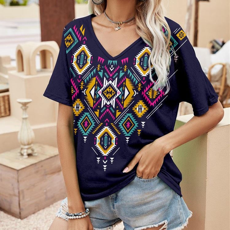 Women Holiday Boho V-neck Blouse Shirts Tops T-shirt Plus Size Ladies Summer Tee