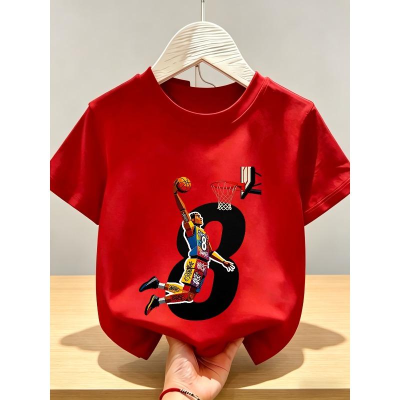 European sizes Creative Building Blocks Basketball No. 8 Sports Graffiti Print Boys' Short-Sleeve T-Shirt, Kids' Trendy Brand Top