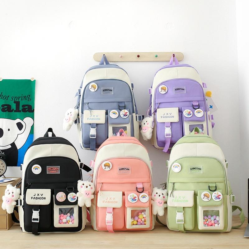 Backpack New Fashion Casual Foreign Style Simple Large Capacity Double Pocket Backpack Korean Version Small Fresh Five-piece Backpack