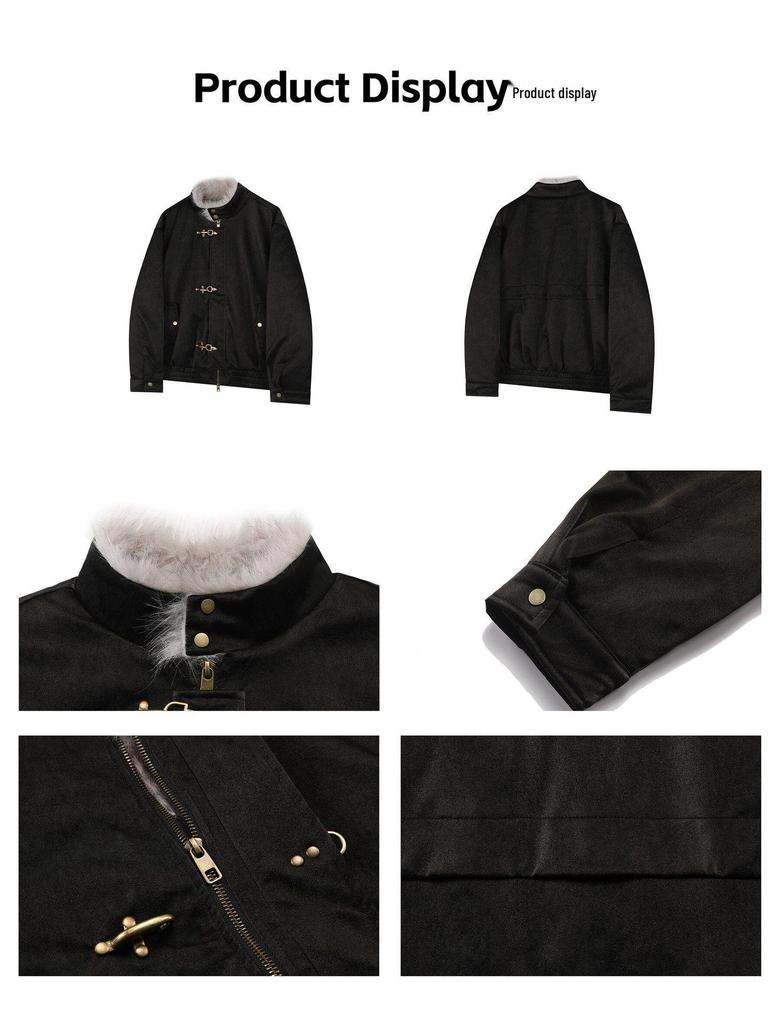 Fur Collar Leather Jacket with Airplane Buckle and Stand Collar for Men & Women - Warm Autumn/Winter Coat with Thick Cotton & Velvet Lining