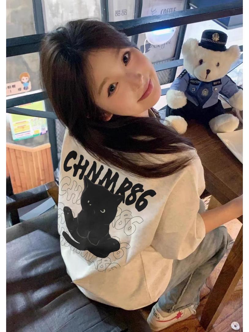 

Женская футболка хлопок больших размеров с коротким рукавом, Новинка 2025, Американский стиль, Прямое плечо, Свободный крой, Нишевый дизайн L серый/белый