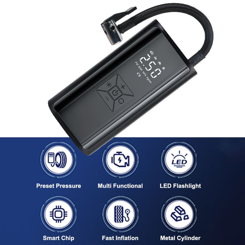 New Digital Air Pump with LED Light Outdoor Wireless Tire Inflator Air Compressor Portable Tire Pressure Gauge  LCD Display 150PSI 120W