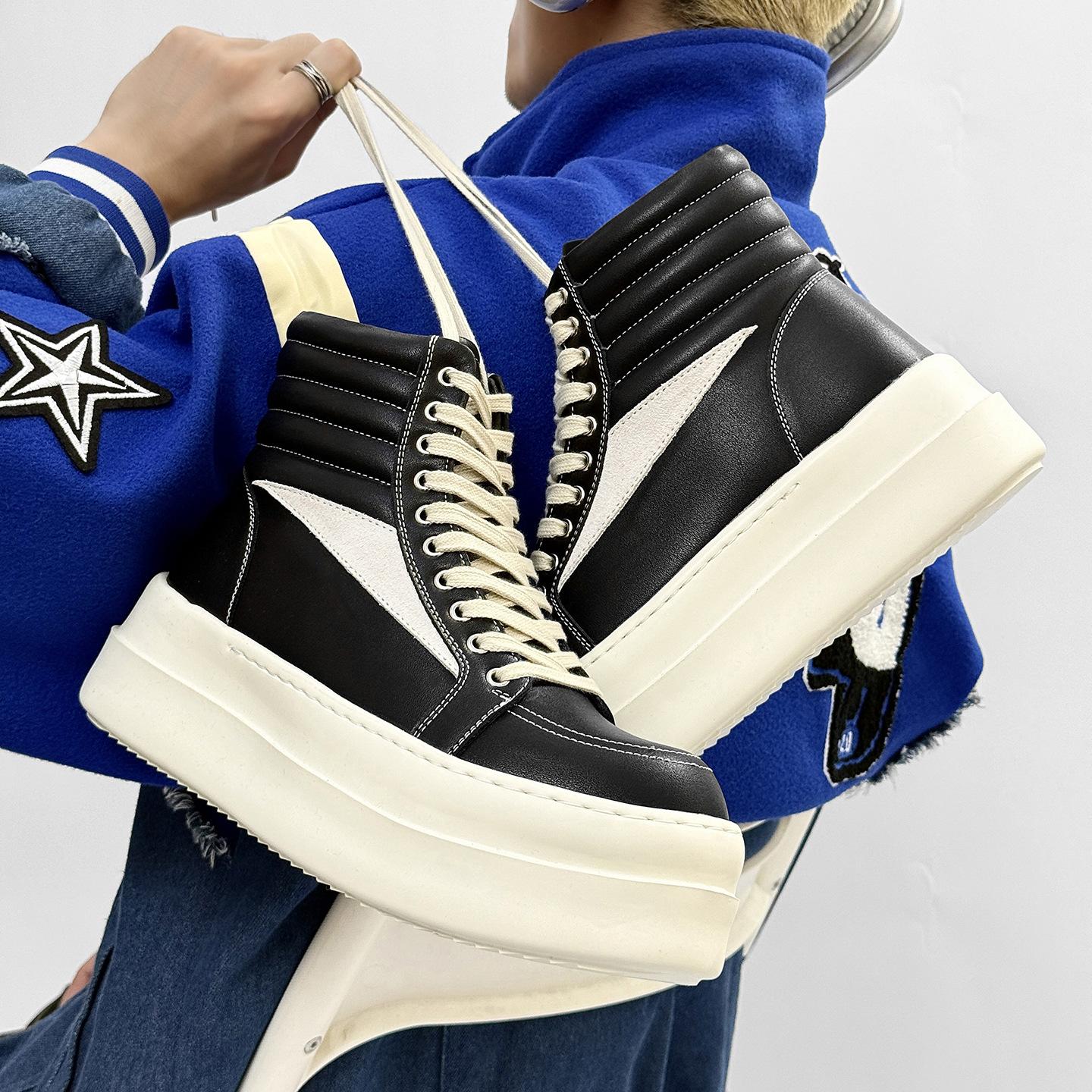 

Модная пара повседневных коротких ботинок Кожаная парусиновая версия Черно-белые высокие женские мужские туфли Модные на толстой подошве с увеличением роста Ботильоны до щиколотки 35