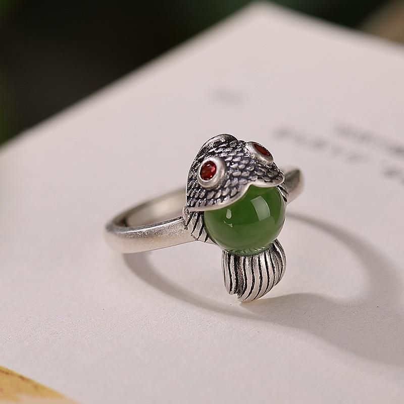 S925 Sterling Silver Hetian Jade "Year After Year" Fish Design Women's Emerald Ring