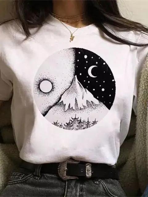 Maycaur Newest Funny Moon Print T Shirt Women White and Black Shirts Fashion Round Neck Short Sleeve T-Shirt Summer Tees Casual Top