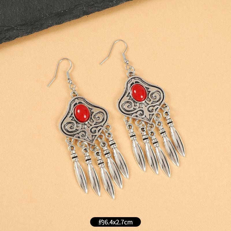 Vintage Miao silver fringed earrings with turquoise long Indian bohemian earrings Exotic earrings