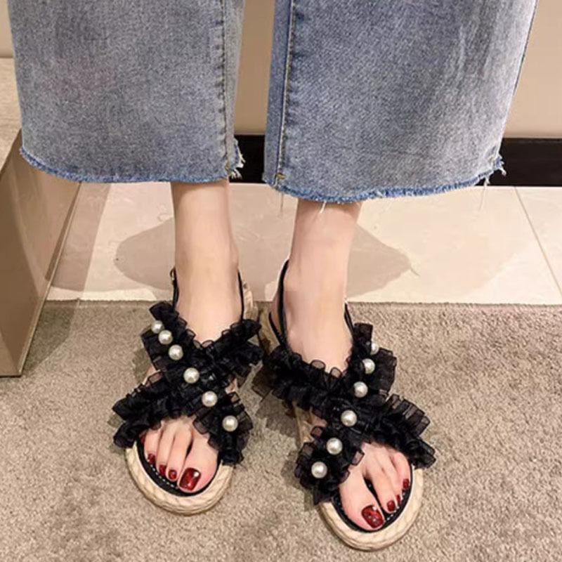 Fashion Roman Flat Sandals Summer Outside Wear Shoes for Women Leisure Lace Soft Bottom Beach Sandales Black Beige Sandalias Femininos