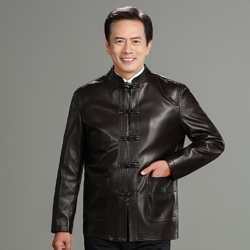 Middle-aged and elderly men's clothing Chinese ethnic style Tang suit embroidered disc buckle men's leather jacket dad grandfather clothing
