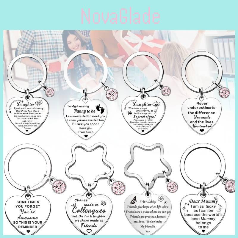 Delightful Stainless Steel Heart Keychain With Pink Blue Gem For Birthday Gift