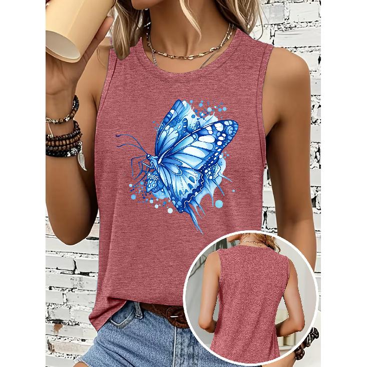Blue Ink Wash Butterfly Print Women Sleeveless Vest Round Neck Skin Friendly Medium Elastic Casual Daily Tank Top