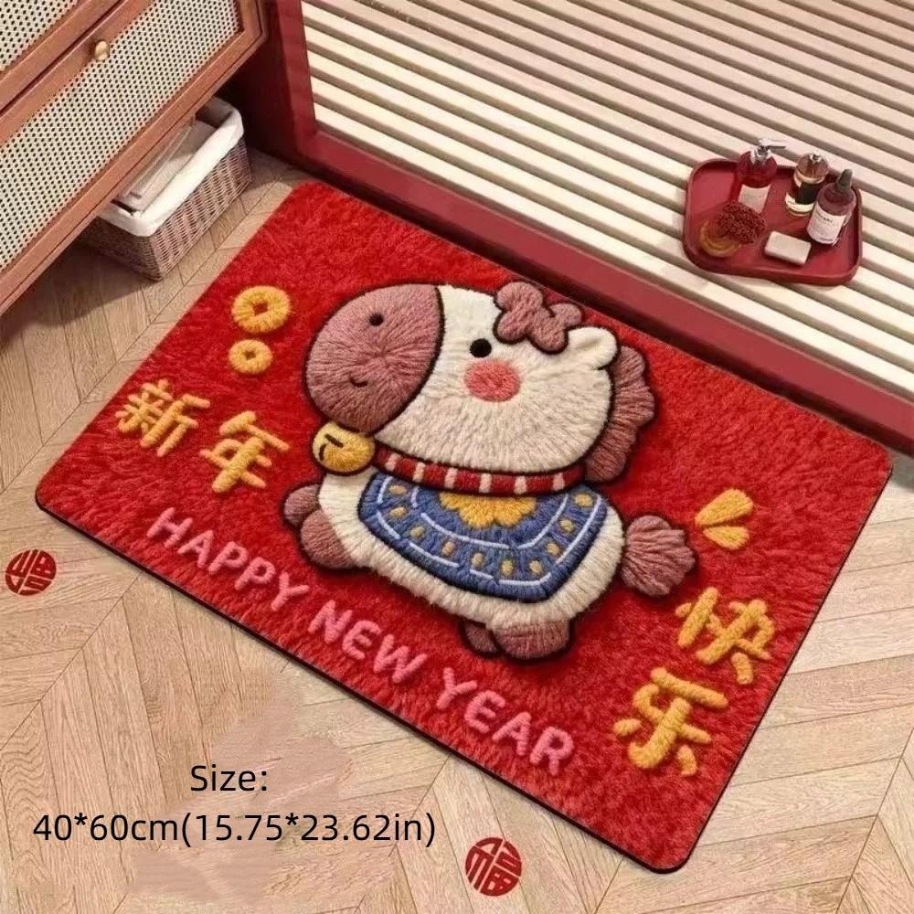 Cute Horse Pattern New Year Door Mat Red Non-slip Door Carpet Quick Dry Soft Bath Mat for Floor Protection