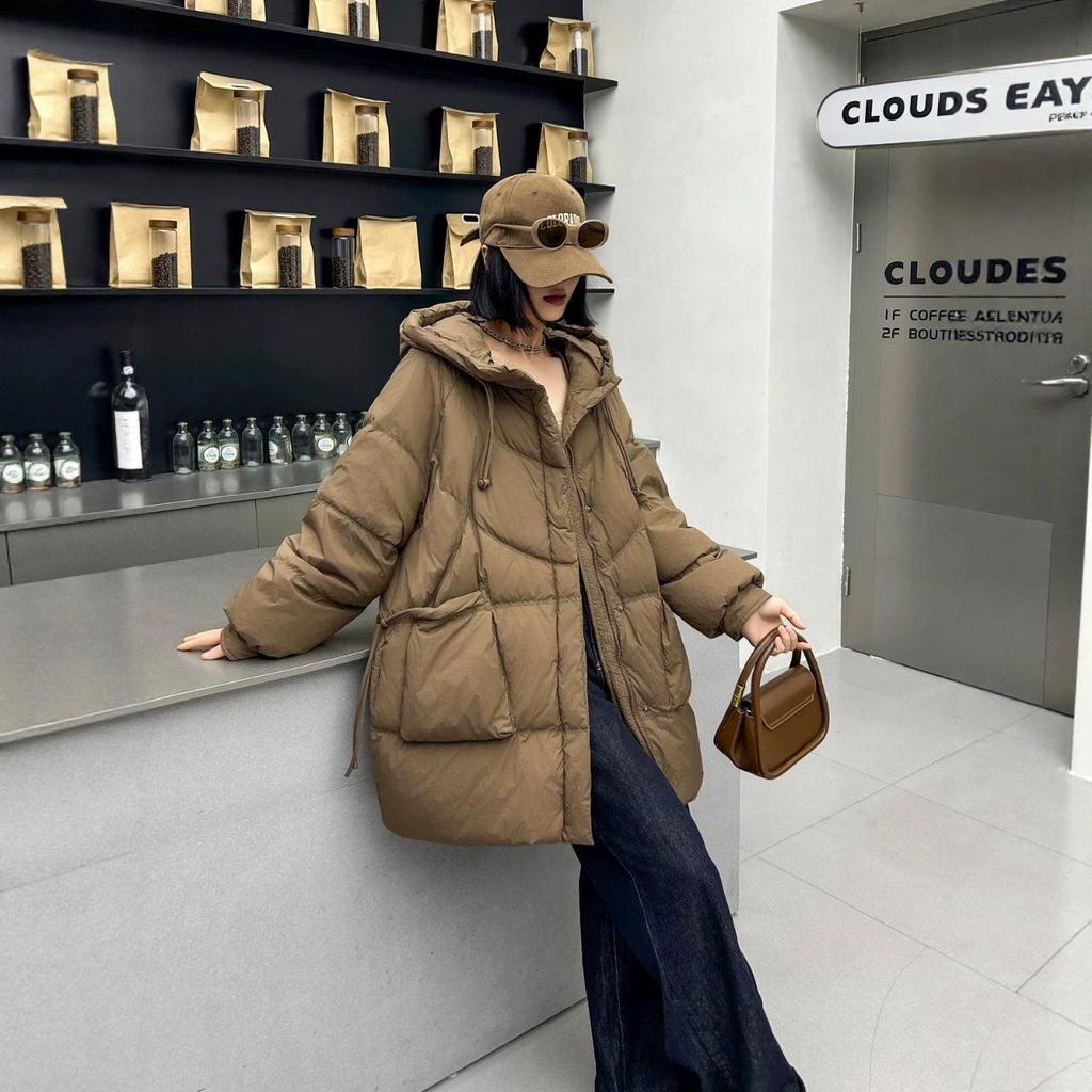 2026 Winter Damen Mode Kapuzen-Freizeit-Daunenjacke mit großen Taschen, lockere Passform, Oversized, Figurschmeichelndes A-Linien-Design