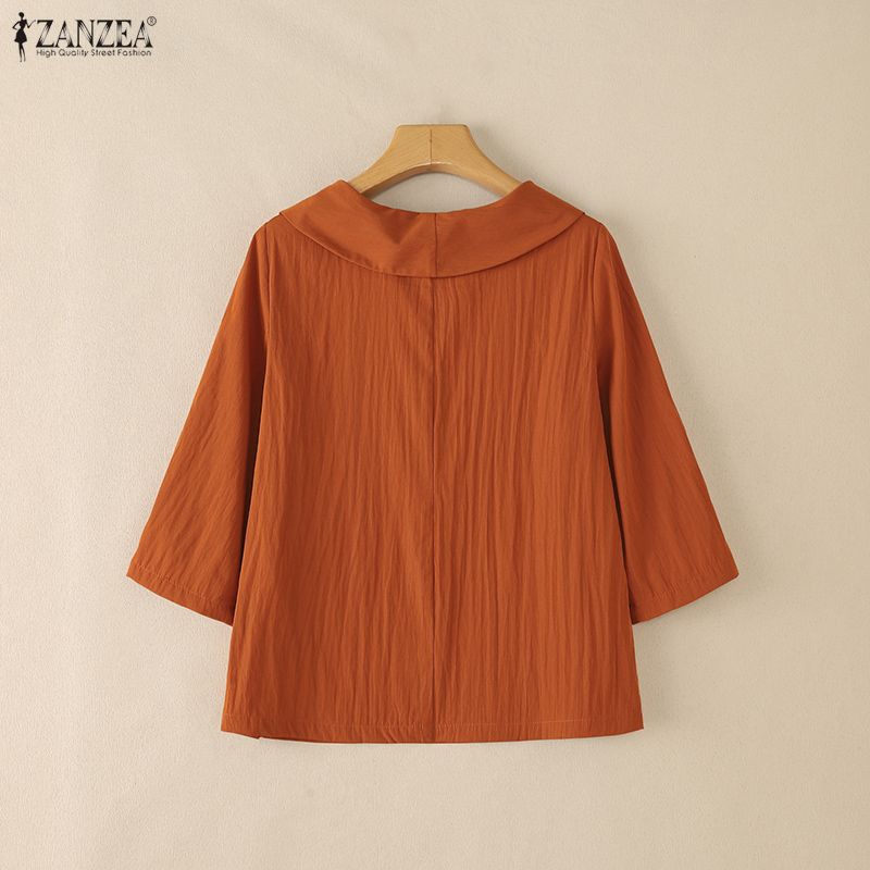 ZANZEA Women Casual Round Neck Solid Color Loose 3/4 Sleeve Blouse