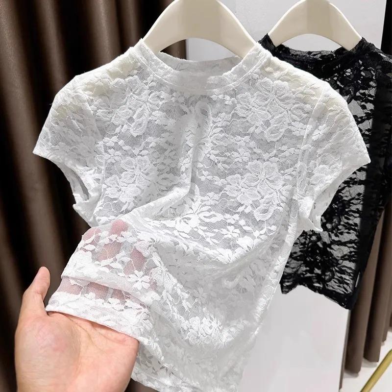 

Шифоновая Кружевная Футболка с Коротким Рукавом Женская Летняя Новая Стиль Чистого Желания Сладкая и Дерзкая Девушка Сквозная Прозрачный Топ S белый