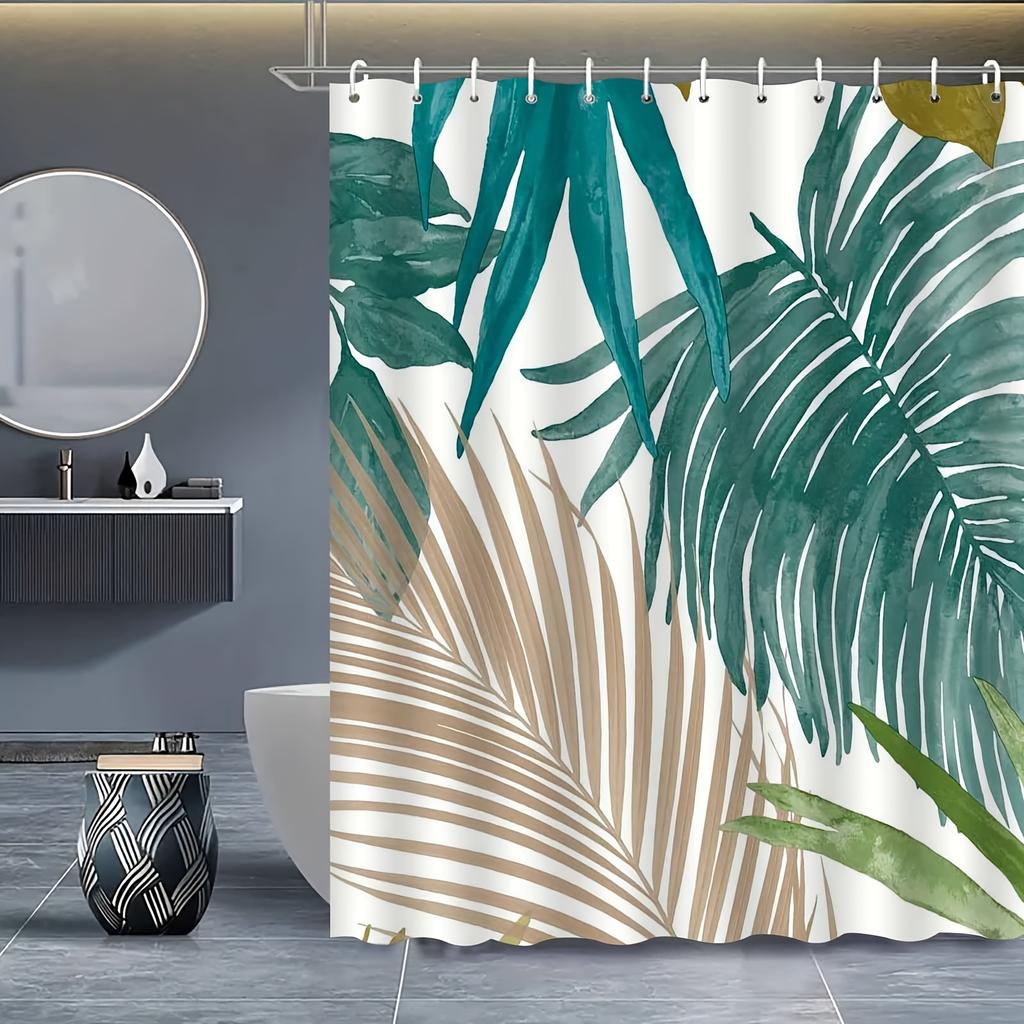 1 Piece Of Elegant Tropical Leaf Shower Curtain, Polyester Fabric, Machine Washable, Suitable For Bathroom Decoration