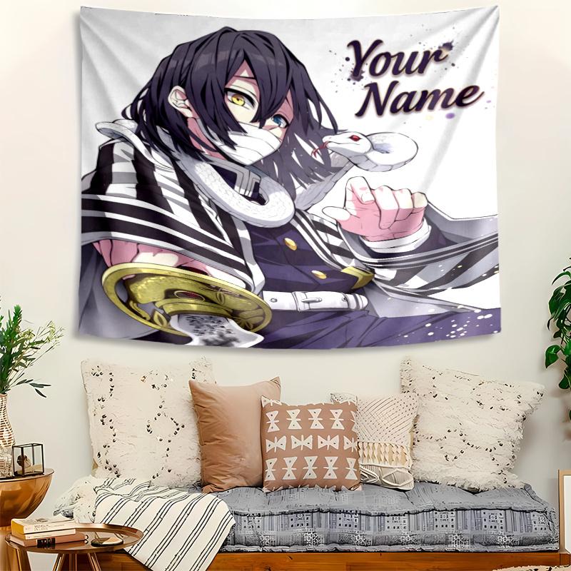 Iguro Obanai Tapestry with Custom Name Wall Hanging Room Background Cloth Home Decor Beach Mat Yoga Mat Sofa Bed Sheet