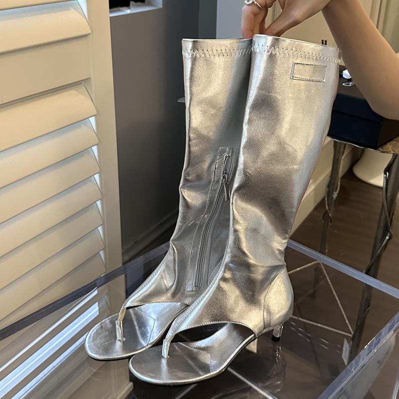 Fashion Eilyken Designer Clip Toe Low Heels Knee High Boot Sandals Woman Fashion Zipper Banquet Summer Shoes Flip Flops Botas Mujer