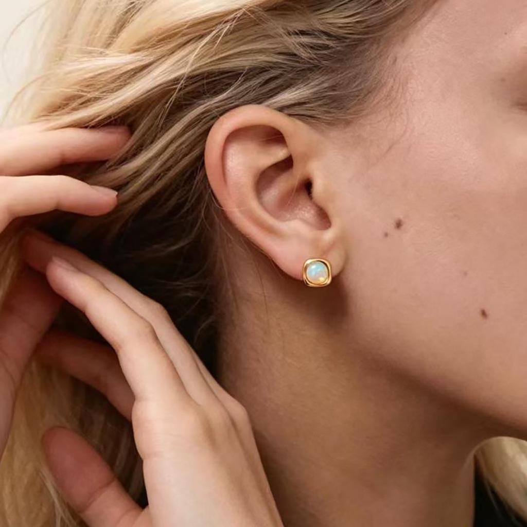 Original Design Synthetic Opal Stud Earrings for Women - 925 Sterling Silver, Gold Plated, Irregular High-End Feel