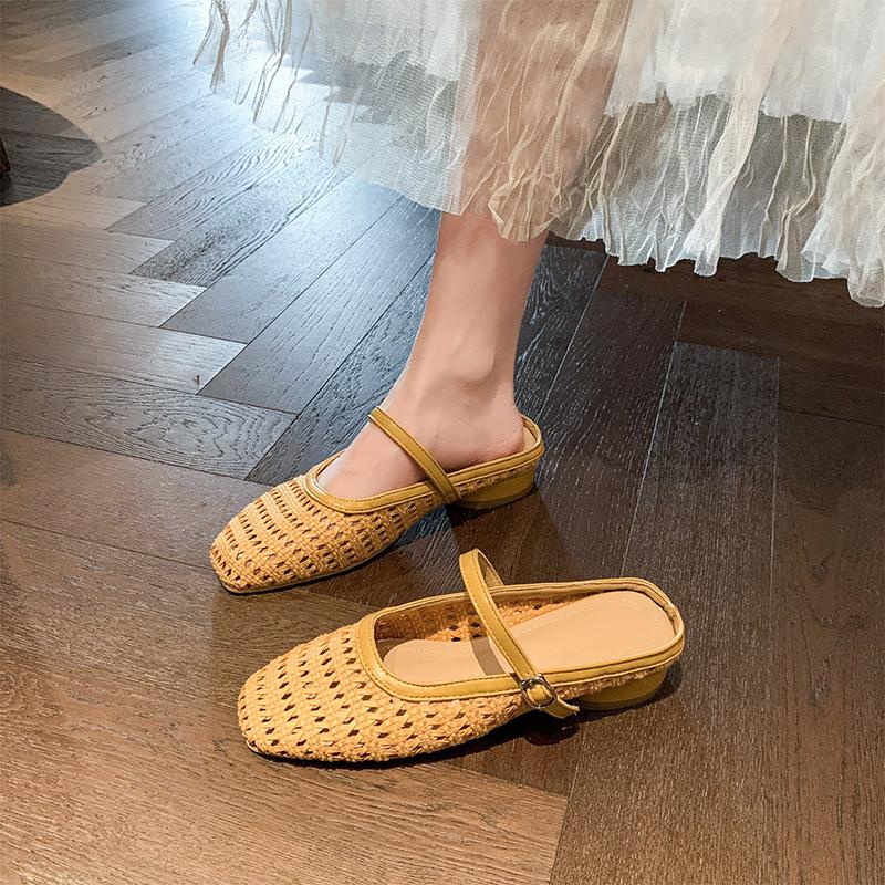 Super Versatile~ Retro Square Head Woven Hollow Bag Head Half-tray Shoes for Women To Wear One-word with Thick Heel Muller Cool Slippers