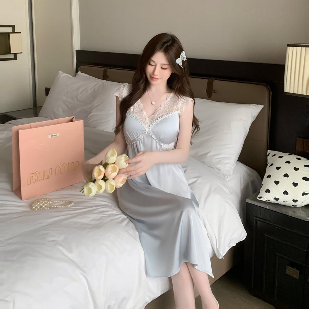 New sexy pajamas women's Ice Ribbon chest pad summer French lace nightdress medium and long loungewear can be crossed