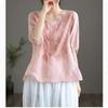 Retro Thin Blouse Women's Short-sleeved Shirt Summer Loose V-neck Temperament Cotton and Linen Shirt Apricot