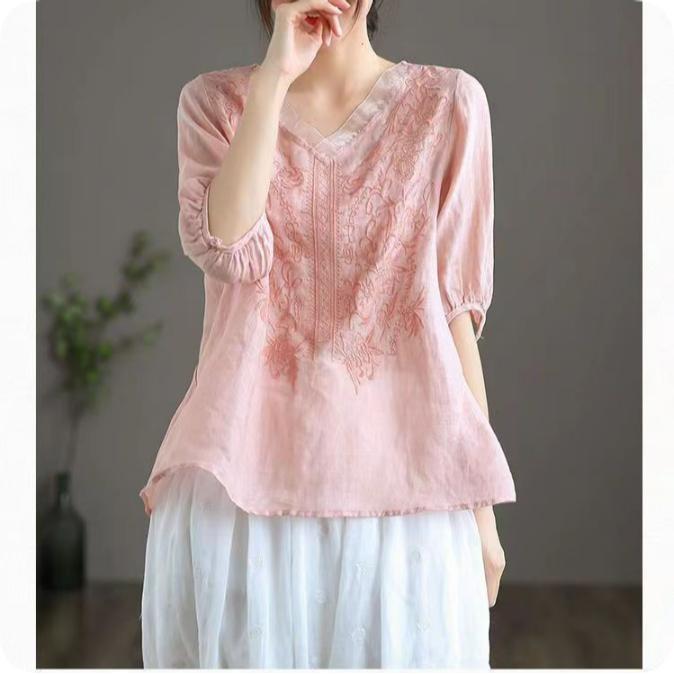 Retro Thin Blouse Women's Short-sleeved Shirt Summer Loose V-neck Temperament Cotton and Linen Shirt Apricot