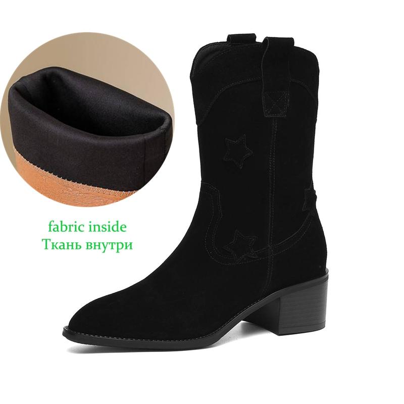 Krazing Pot Cow Suede Nubuck Winter Round Toe Modern Boots Med Heels Slip On Five-Star Decoration Women Mid-calf Boots