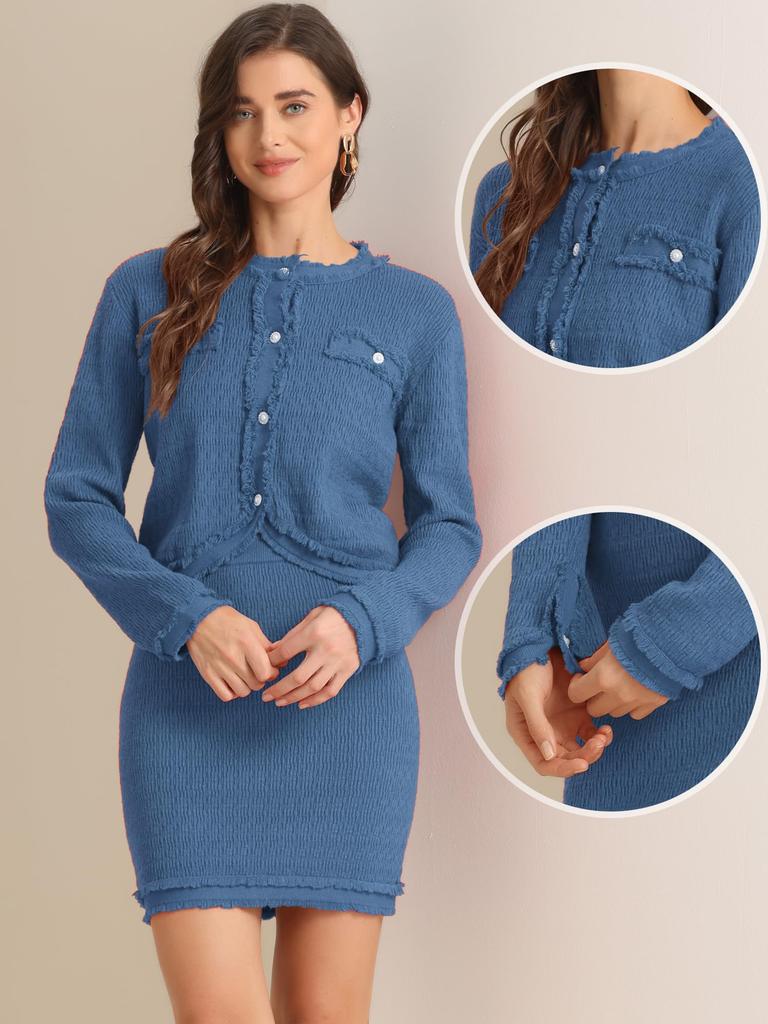 Allegra K Women's Vintage Two-Piece Suit: Stretch Sweater, Short Jacket, and Skirt, Blue, Size M