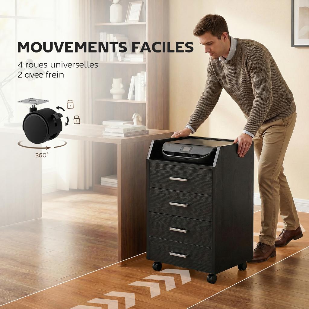 Büro-Aktenschrank auf Rollen 4 ausziehbare Holzladeflächen 40 x 36 x 65 cm Schwarz