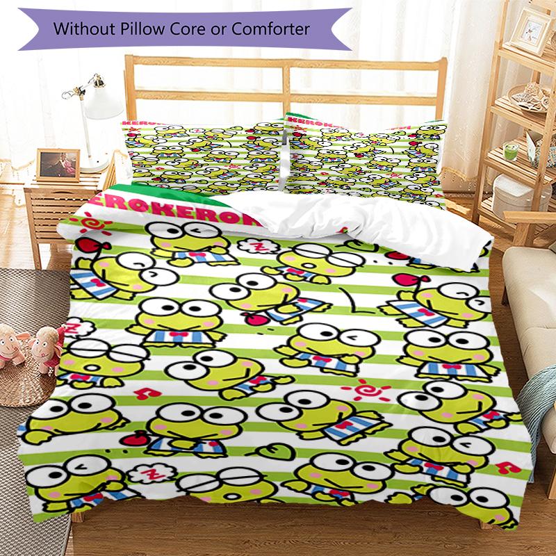 3pcs Sanrio KEROKERO KEROPPI1 Design Cover Set - HD Printed Bedding with 1 Cover and 2 Pillowcases - Perfect for Home and Dorm Decor