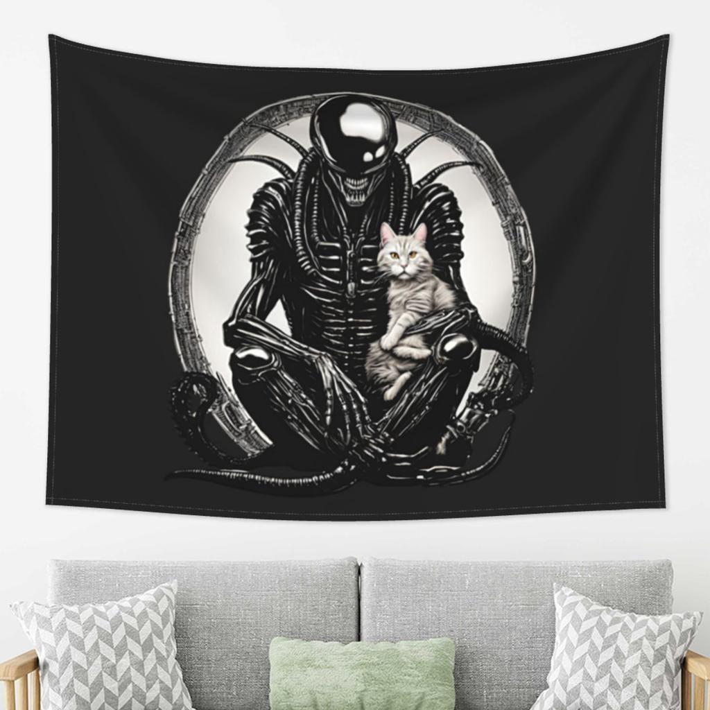 Xenomorph And A Cat Tapestry Wall Hanging Aesthetic Home Decor Tapestries for Living Room Bedroom