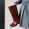 Fashion 2025 Autumn Women Boots Split Leather Women Shoes Pointed Toe Chunky Heel Slip-on Knee High Boots Western Modern Ladies Boots