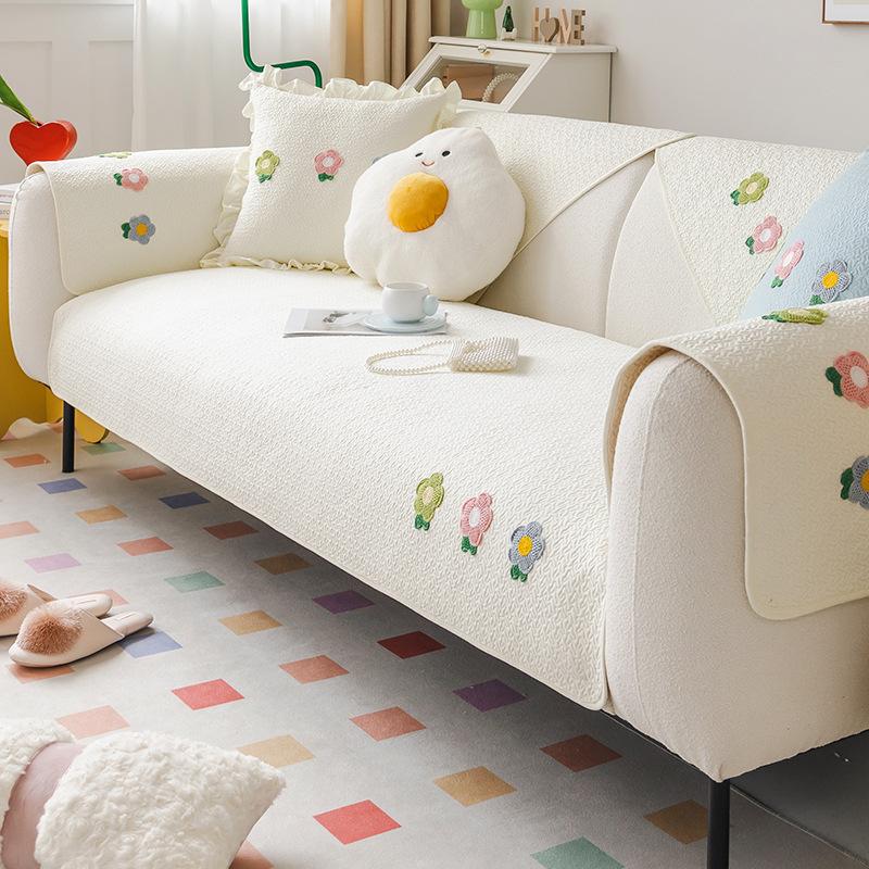 White Sofa Cushion for All Seasons, Non-slip Cotton Fabric, Korean Cream Style Cushion, Living Room Sofa Cover, Cover