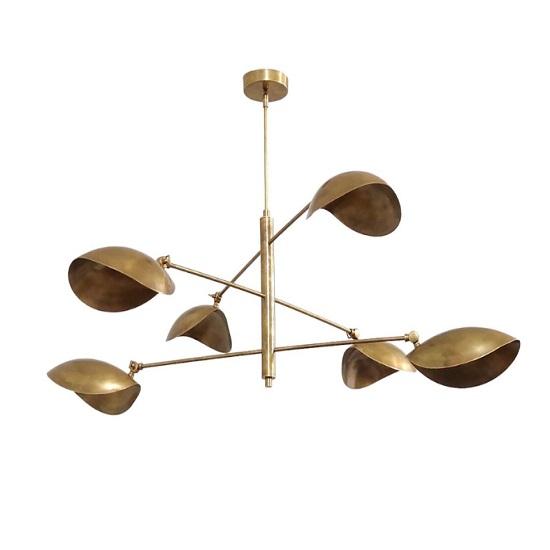 6 Light Curved Pendant Sputnik Chandelier | Mid Century Modern Raw Brass Ceiling Fixture
