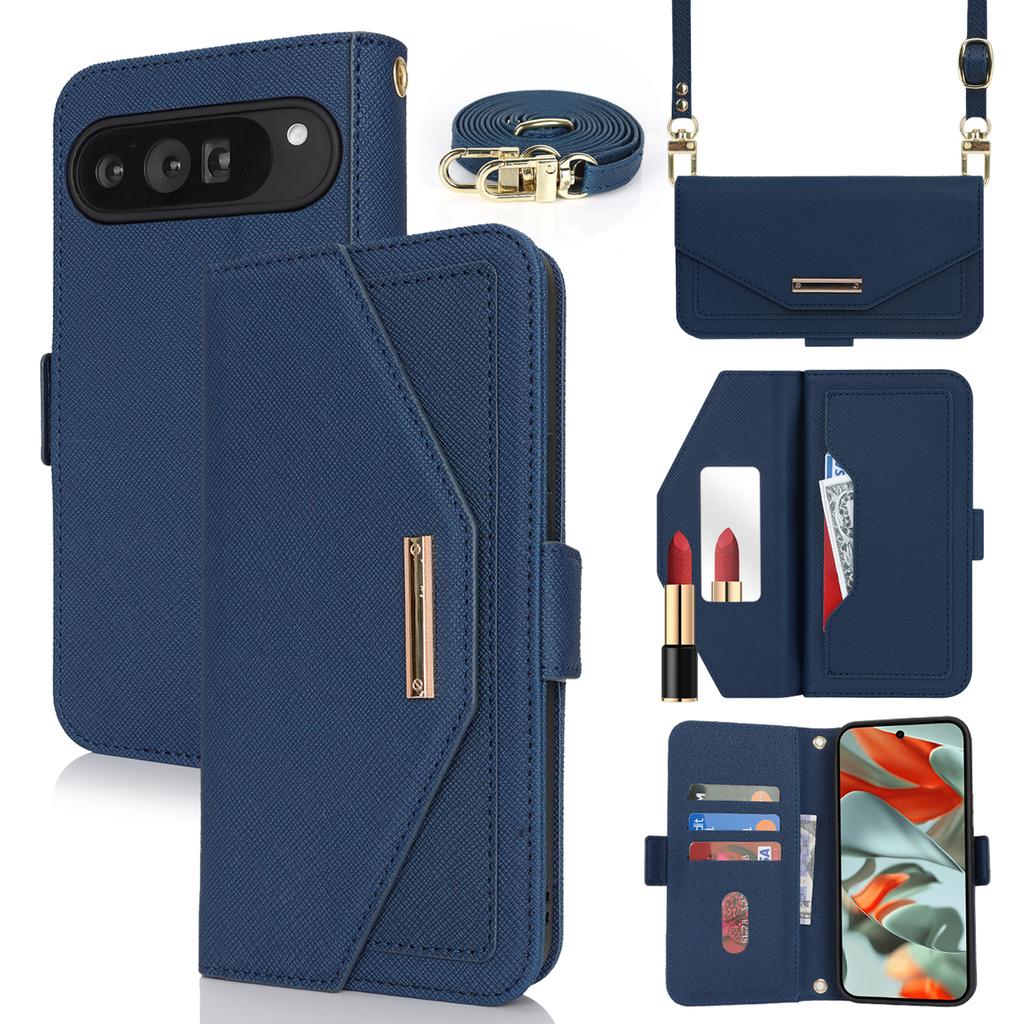 For Google Pixel 9 Pro XL Stand Case Cross Texture PU Leather Wallet Phone Cover with Shoulder Strap/Makeup Mirror