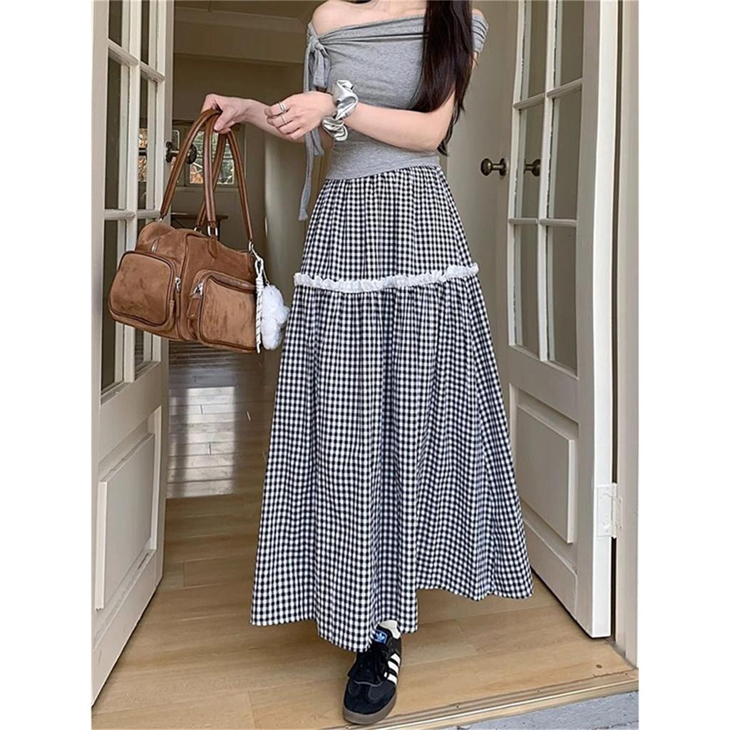 Sommer neuer Spitzen-Patchwork-karierter Rock Damen Koreanisch, vielseitiger lässiger Stil A-Linien-Langrock