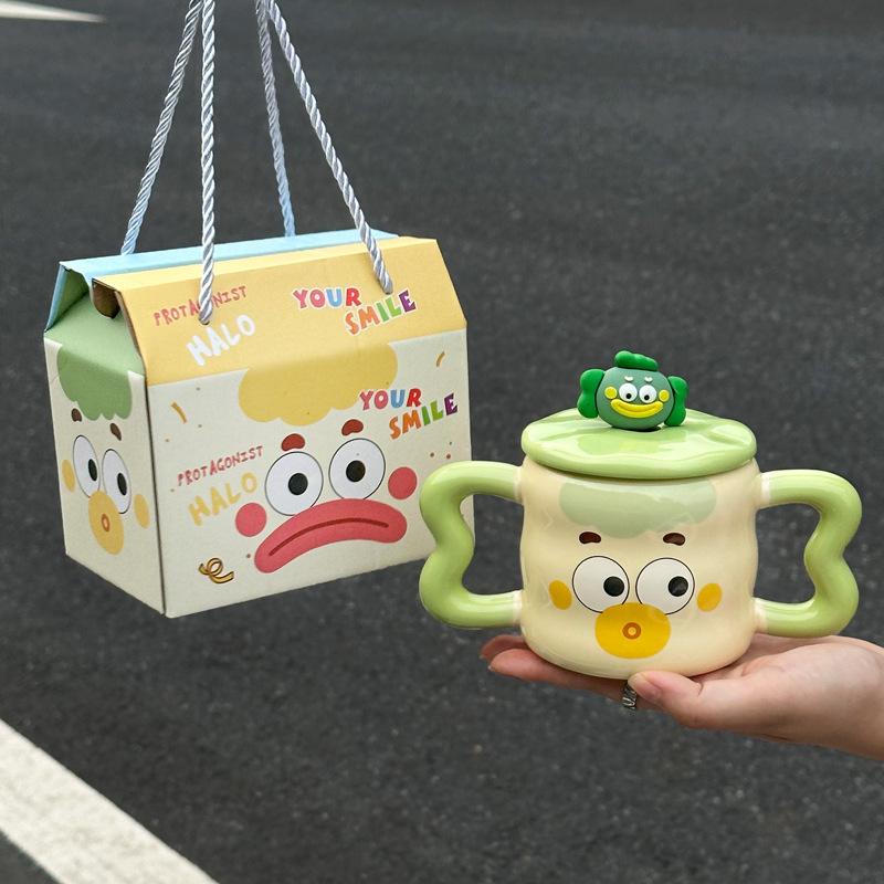 Cute Mug Ceramic Cup with Lid Spoon Boys and Girls Household Water Cup Coffee Milk Cup Birthday Gift