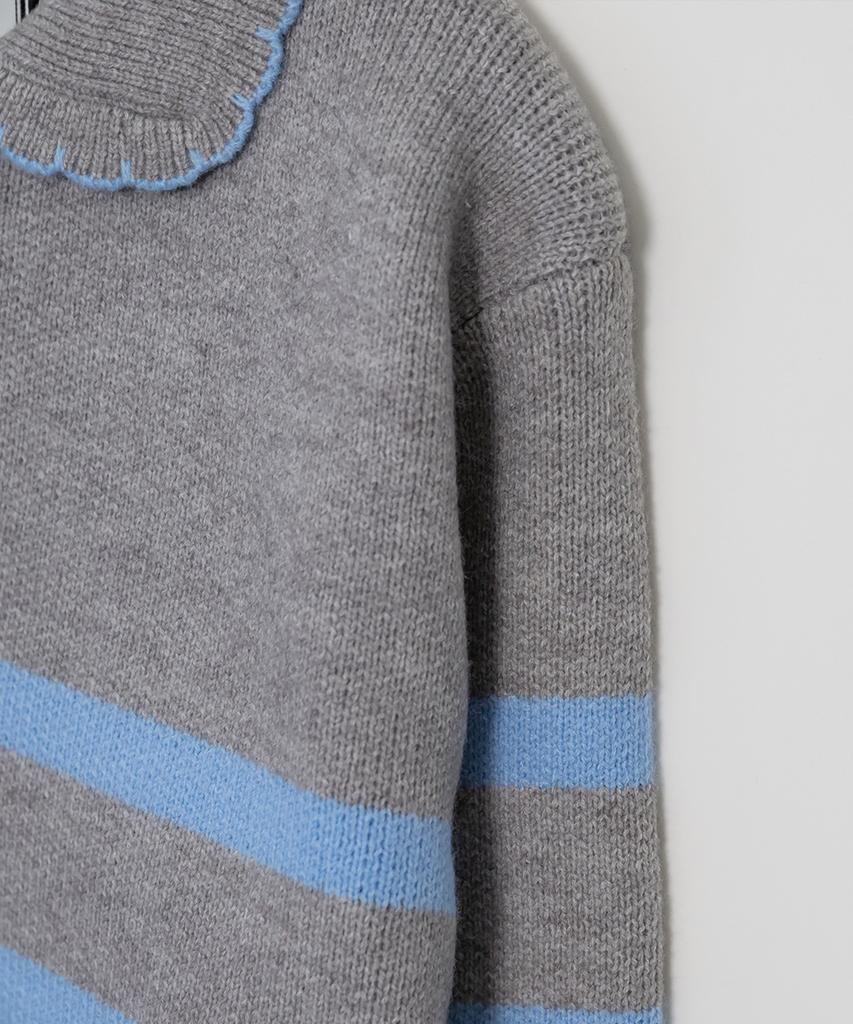 Eilubeu Embroidered Collared Striped Knit Aarbpo103B