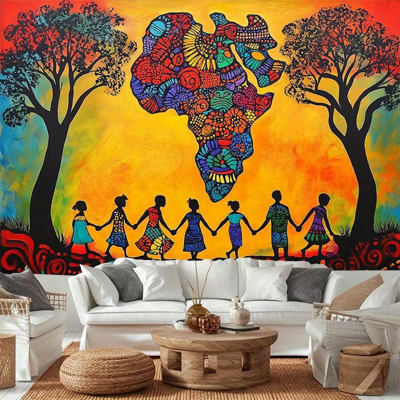 2D Afrikanische Heritage Party Kulisse, Farbige Afrikakarte mit Kinder-Silhouette für Fotoshooting