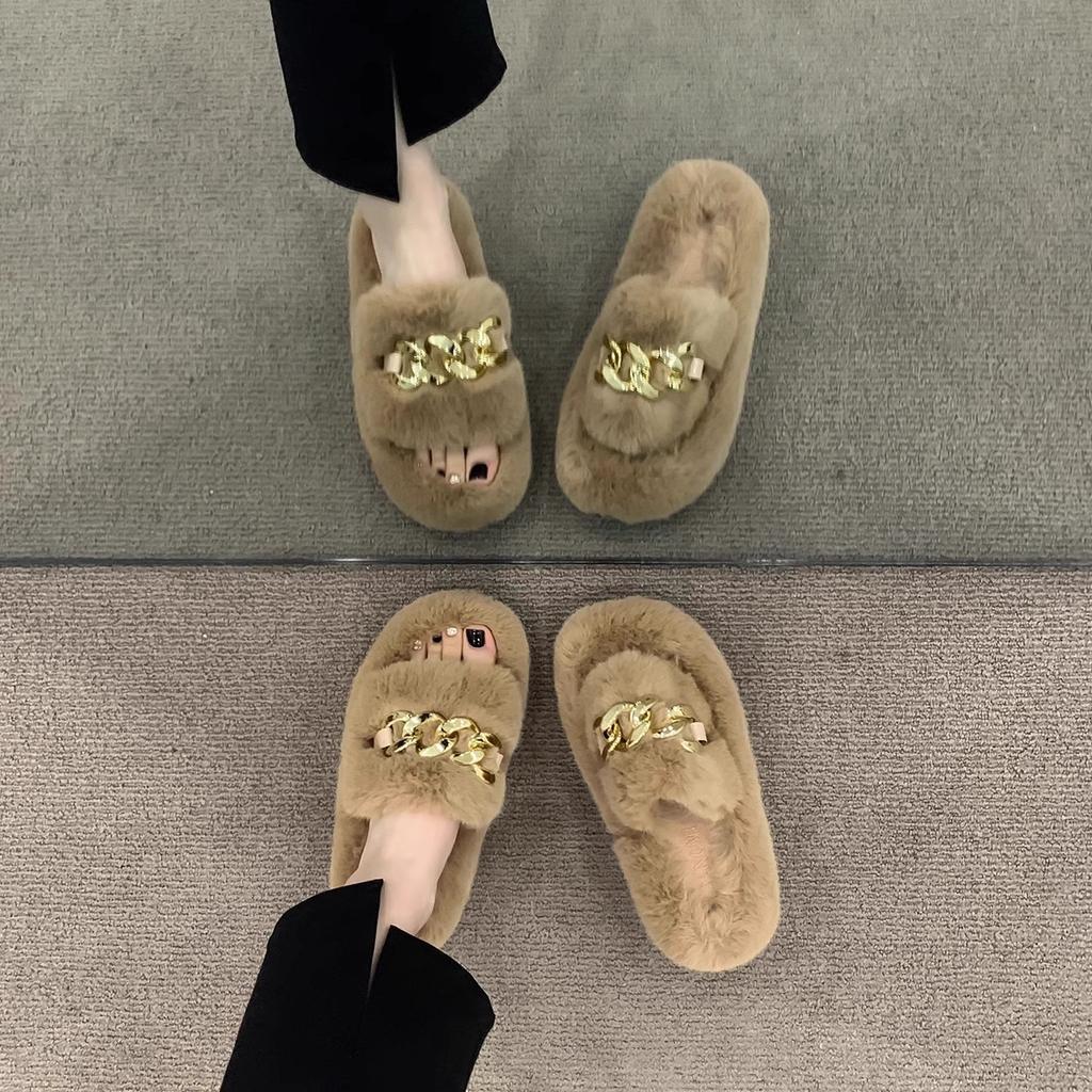 Internet Celebrity Popular Fluffy Shoes Women Wear 2025 New Autumn Chain Fashion Go Out Thick Soled Plush Cotton Slippers
