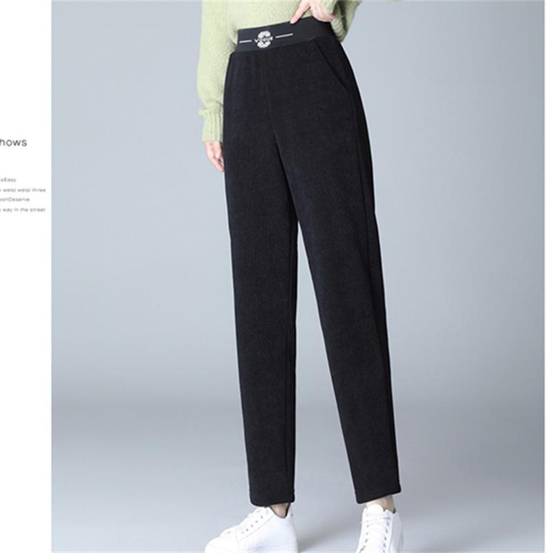 

Осень-зима, повседневные элегантные, с высокой талией, эластичные, утепленные, свободные брюки, эластичные, для отдыха, вельветовые прямые брюки, однотонные