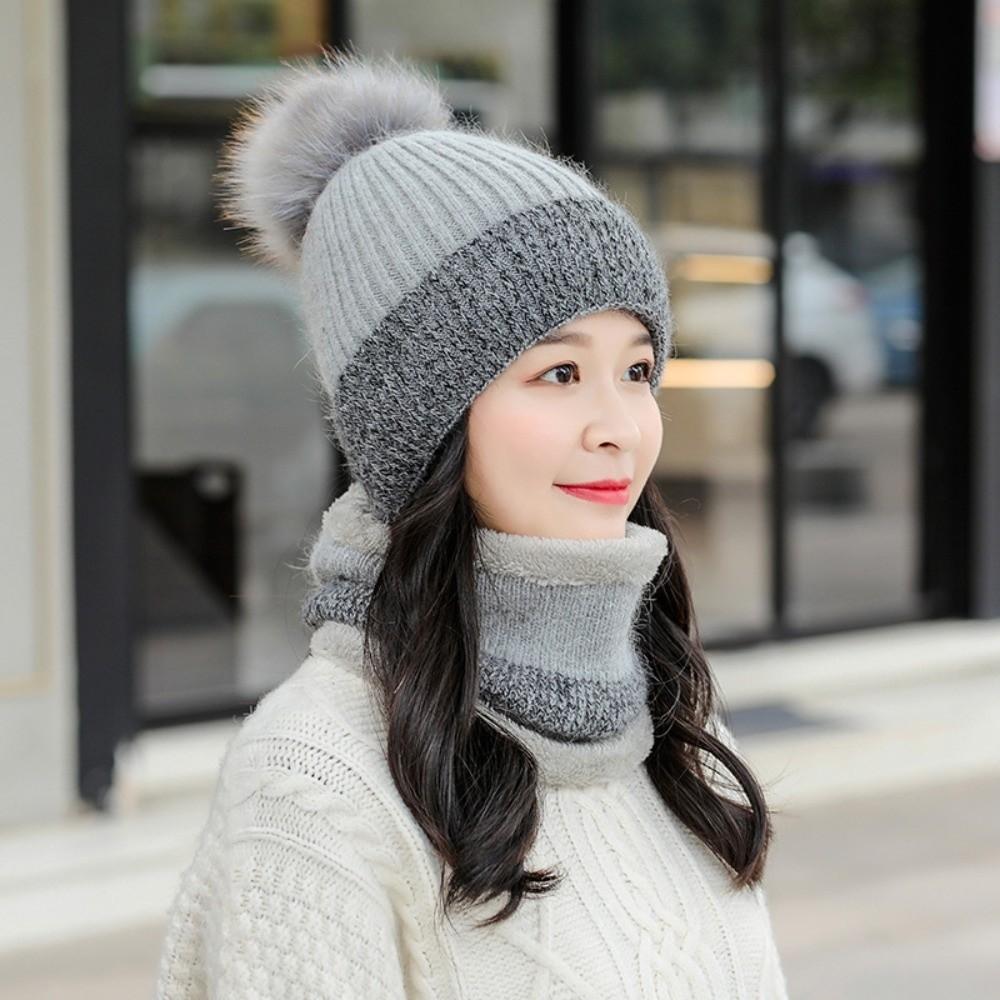 Plush Ball Cap and Scarf Suit Contrast Color Beanie Hat Personality Compact Scarf  Women