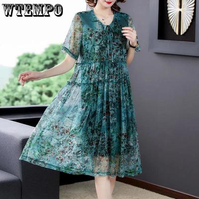 Vestido de verão com estampa de malha e manga curta, tamanho grande, vestido floral, solto, gola redonda, vestido midi feminino