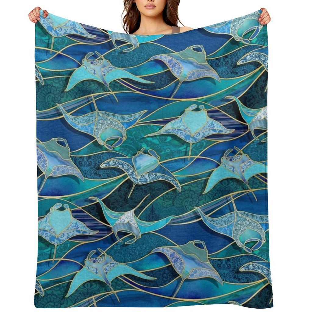 Patchwork Manta Rays In Sapphire and Turquoise Blue Throw Blanket for Winter Moving Single Extra Large Throw Blankets