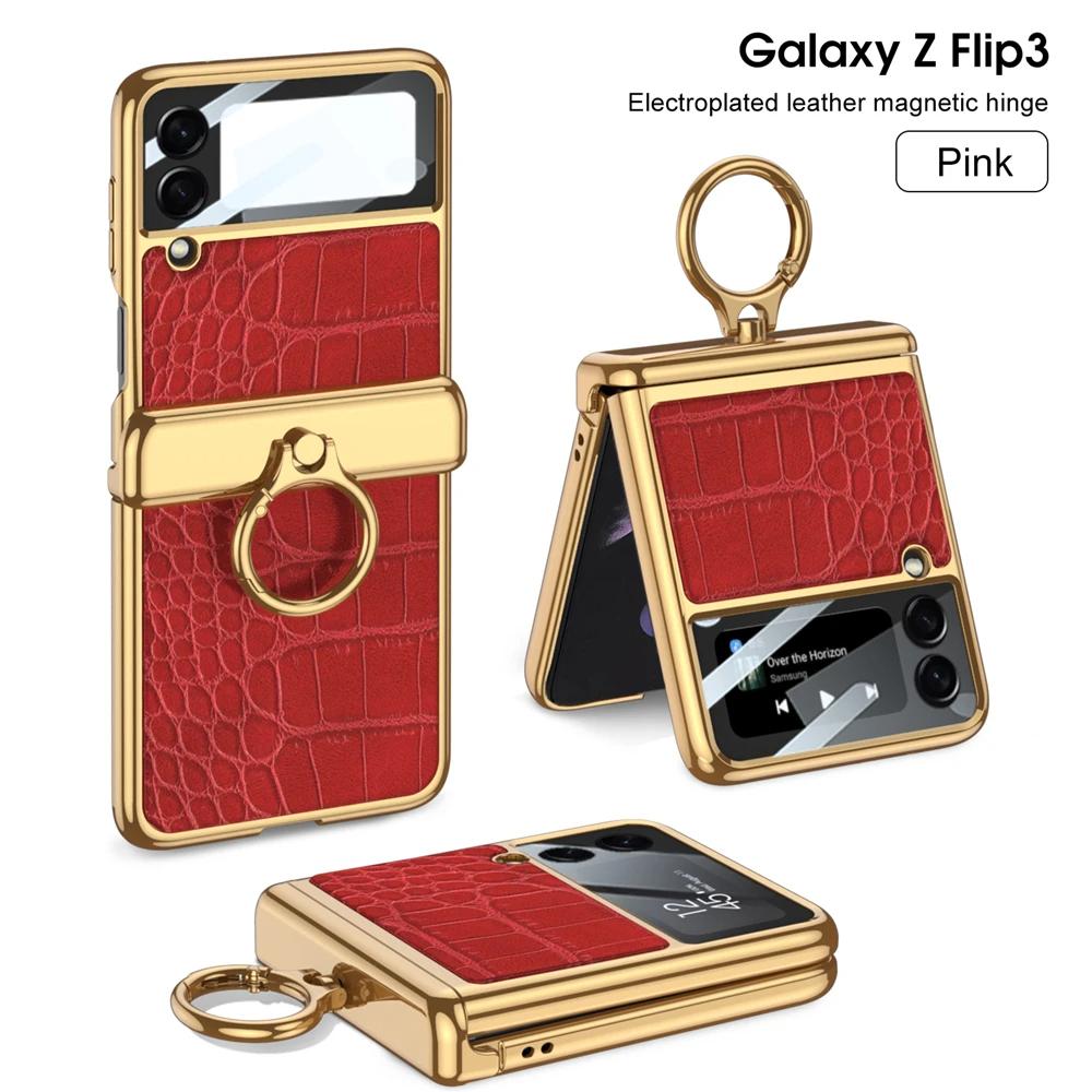 Pro Samsung Galaxy Z Flip 3 4 5 6 Pouzdro Ultratenká Ochrana Obrazovky Coque Fundas Luxusní Kůže s Kroužkem Pokovení Magnetický Kryt