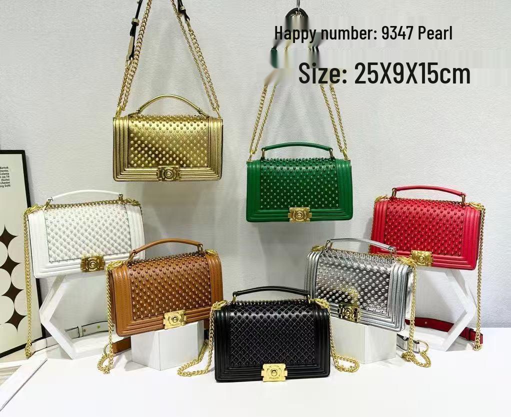 Pearl-Embellished Crossbody Bag with Half-Round Buckle and Chain Strap