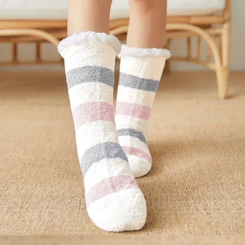 Winter Plüsch Frauen Boden Socken Warme Weiche Korallen Fleece Gestreiften Bequeme Nicht-Slip Thermische Weibliche Socken