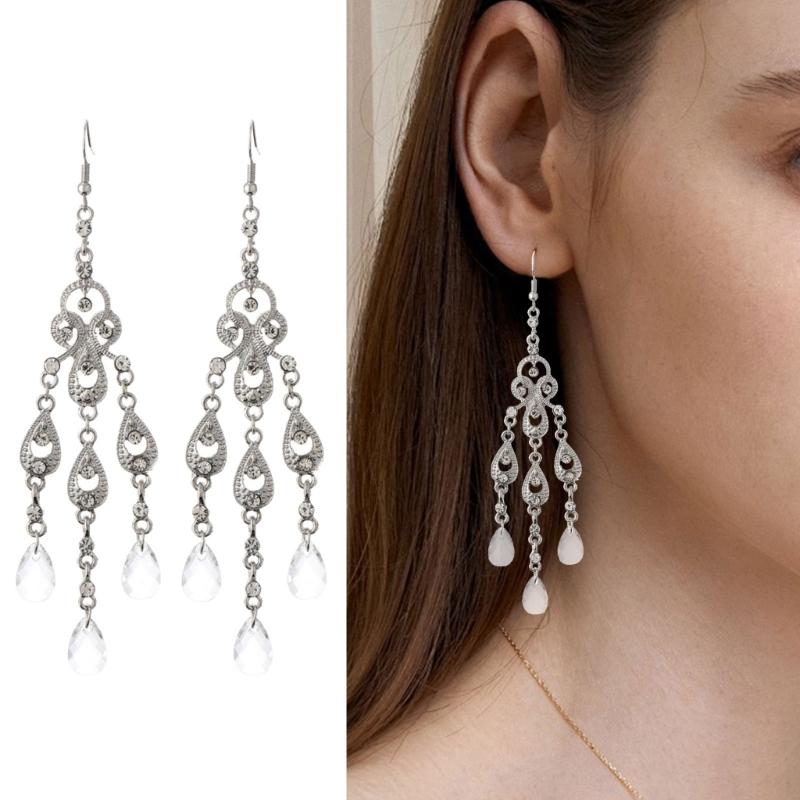 Elegant Teardrop Dangle Earrings With Stone Dialects And Intricate Cutout Design In Nonallergenic Zinc Alloy For Daily Or Formal Wear